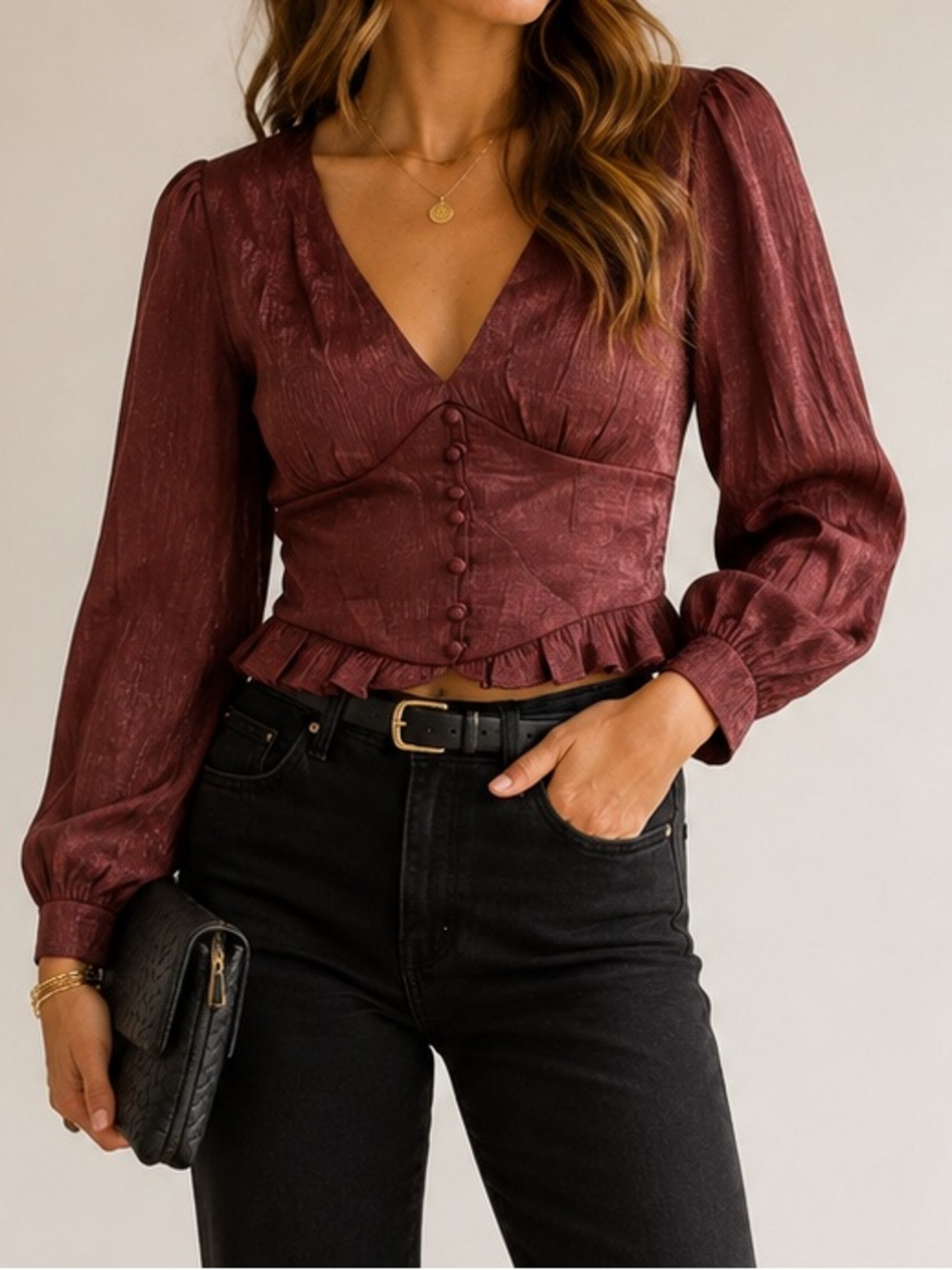 French Kiss Satin Blouse Large Burgundy Corset Button Ruffle Puff Sleeve NWOT